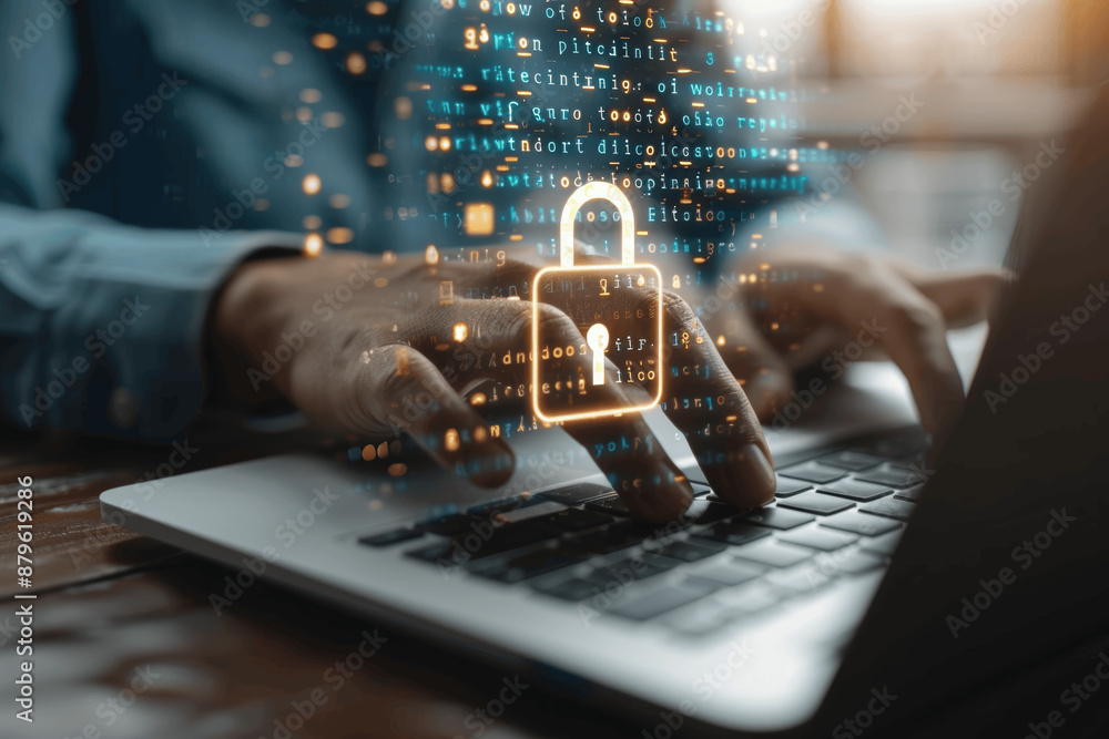 Aufkleber cyber security for secure login and data protection with digital encryption, businessman typing on l