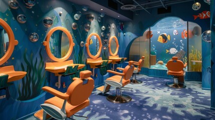 A children's hair salon with an underwater theme, featuring orange chairs, mirrors, and a large window depicting a fish tank.