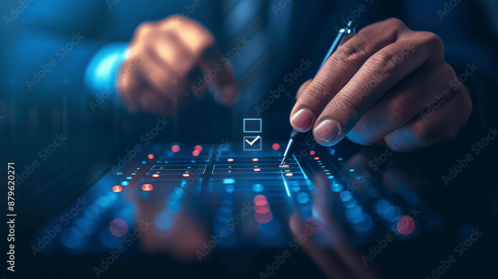 Poster businessman using virtual checklist on digital form for feedback analysis in blue background