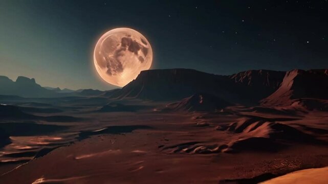 A sweeping aerial shot of the Martian landscape with the moon Phobic prominently visible in the sky, casting shadows on the red terrain below, 4K Ultra HD Wallpaper animation video