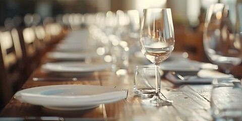 Fototapeta premium Elegantly set dining table with wine glasses and plates perfect for showcasing. Concept Elegant Dinner Setup, Table Setting Inspiration, Stylish Dining Décor