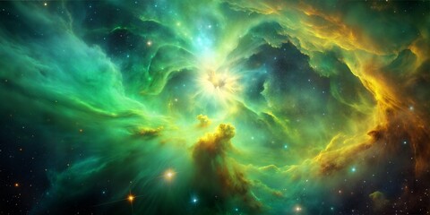 Green and Yellow Nebula with Bright Stars in Outer Space