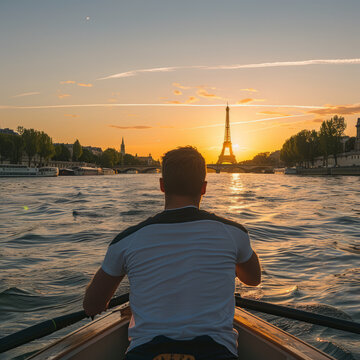 a man is kayaking in the sena river in paris at the sunset