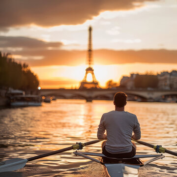 a man is kayaking in the sena river in paris at the sunset