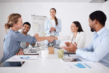 Applause, handshake and presentation with business people in boardroom of office for strategy together. Coaching, development or workshop and employee group shaking hands in workplace for deal
