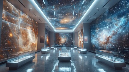 Stunning galactic display in a modern space exhibit with vibrant cosmos imagery, showcasing breathtaking views of the universe.