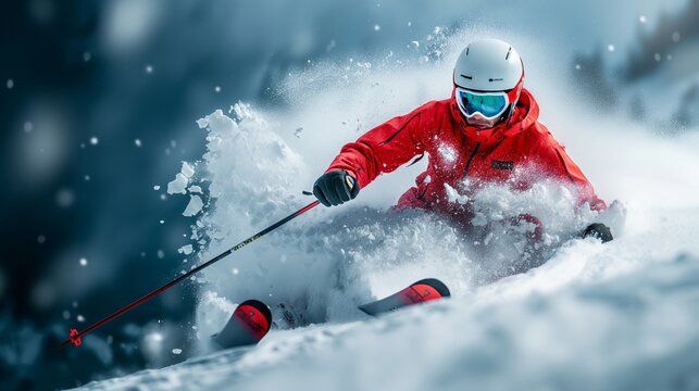 Dynamic skier carving through fresh powder on a snowy mountain. Wearing red jacket and helmet, full action, winter sports.