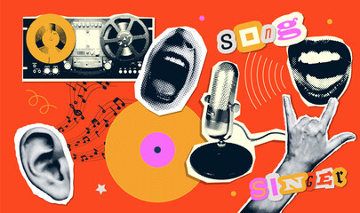 Retro music set with torn put paper halftone dotted collage elements set - audio reel-to-reel tape recorder, vintage microphone, singing mouth, vinyl record and rock gesture hand. Vector illustration. © LanaSham