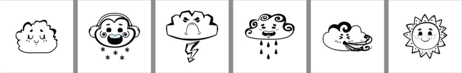 Black and white vector set of square cards with clouds and sun. This stylish and minimalist design is ideal for graphics and other creative projects. A selection of high-quality illustrations.