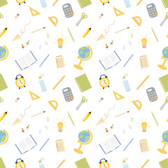 Seamless pattern with school supplies. Equipment for learning on white background. Back to school concept. Vector repeated background for wrapping, packaging, textile prints, etc.