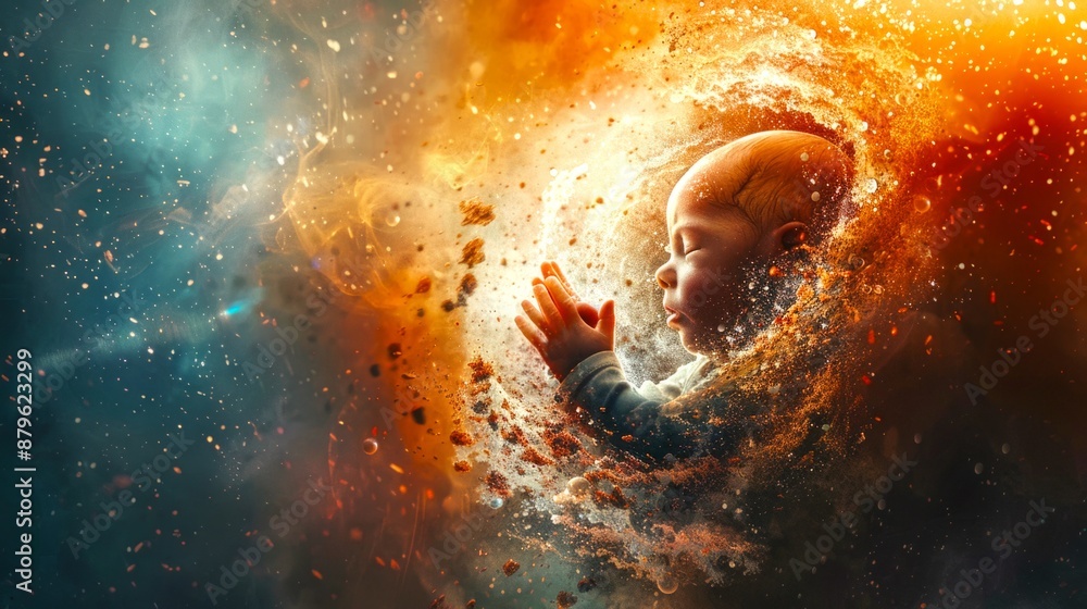 Poster cosmic birth concept ai generated image. baby floating in colorful galaxy with stars and particles. 