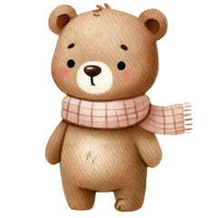 Watercolor illustration of a cute teddy bear standing the bear is wearing a pink scarf perfect for cozy autumn themes and children's illustrations