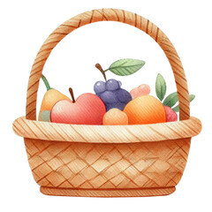 Watercolor illustration of a basket filled with fresh fruits including apple pear plum and peach the image represents autumn harvest and healthy eating
