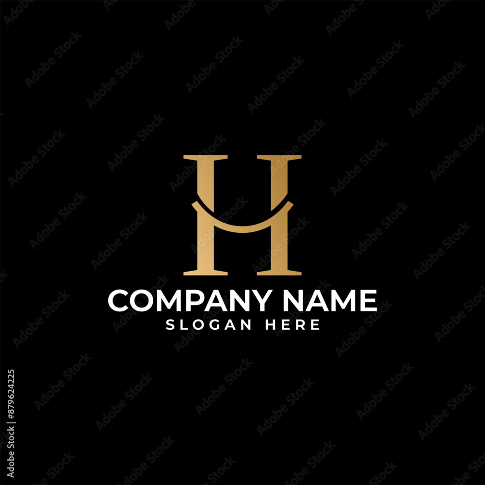 Poster the initial h lettermark in gold gradient and combine with black background and the smile in the mid