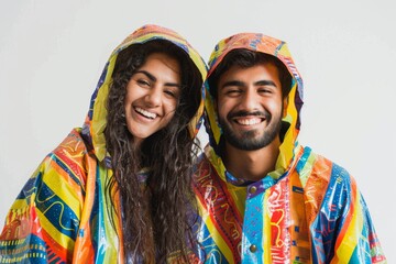 Portrait of a cheerful indian couple in their 20s wearing a vibrant raincoat over white background