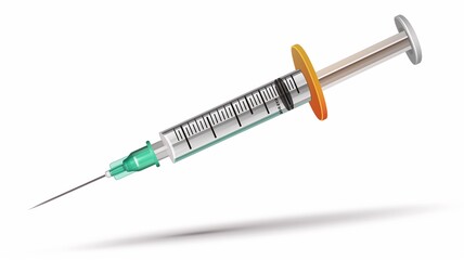 Hand washing syringe with medicine in tube on white background.