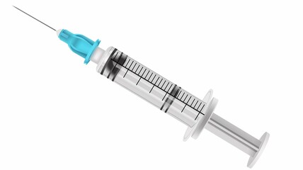 Hand washing syringe with medicine in tube on white background.
