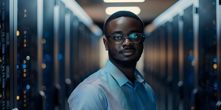 Black IT engineer confidently posing in data center exuding professionalism and diversity. Concept Professional Portrait, Diversity in Tech, Data Center Photoshoot, Confidence Poses