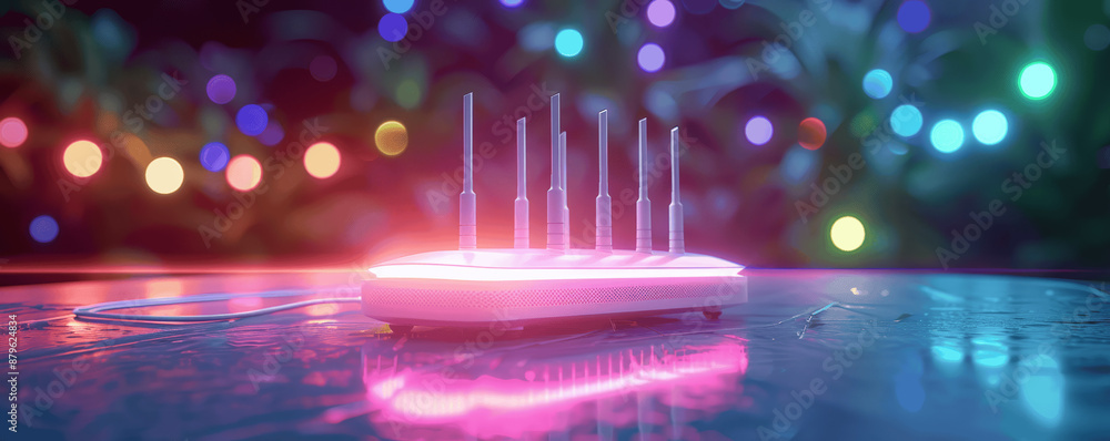 Poster futuristic high speed wi-fi router with antennas and led lights for secure home network and online c