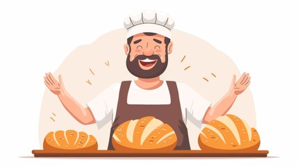 Cheerful baker presenting freshly baked loaves of bread, showcasing joy and pride in his craft with a warm smile.