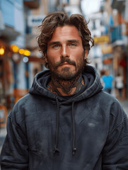 Fototapeta premium Handsome bearded man wearing black hoodie with tattoos posing on city street, urban fashion portrait, front view, looking at camera, high detail, ultra realistic