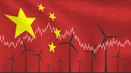 Financial background renewable energy trading on the stock exchange with China flag in the background