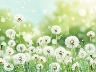 dandelion meadow with rising blowball pollination in the air fresh green nature scene concept with spring green blurred background
