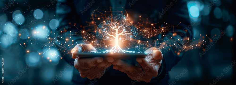 Poster businessman utilizing advanced ai and technology in financial services digital transformations for e