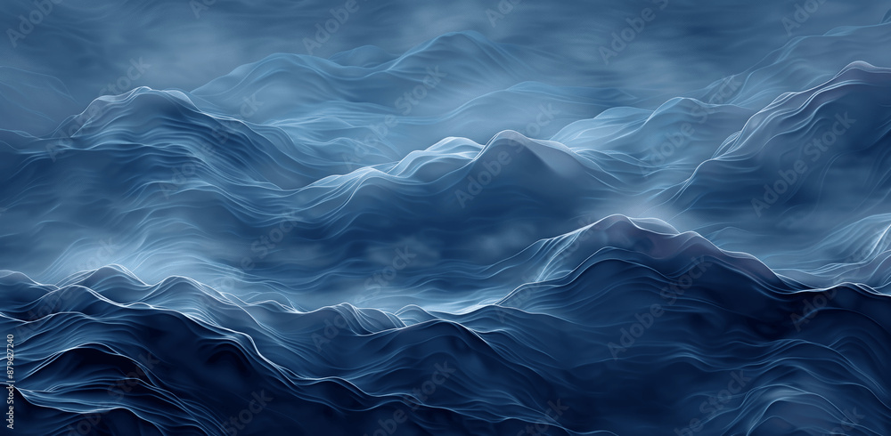 Poster minimalist dark blue water waves background with gradient deep ocean texture and fog