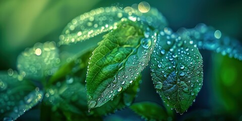 Title: Dewy Green Leaves in Close-Up. Generative ai.
