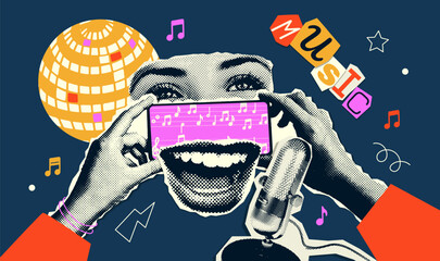 Karaoke party horizontal banner template with grunge halftone collage elements - hand with phone, retro microphone, smiling eyes and singing mouth. Vector paper mixed art illustration.