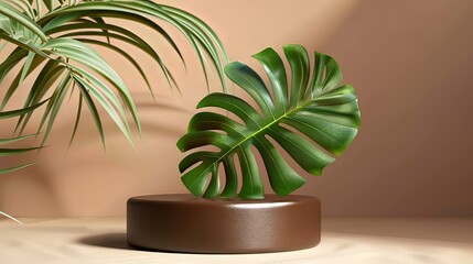 Obraz premium Minimalistic still life with a monstera leaf on a podium