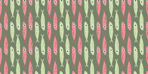 Seamless vector pattern with pink and green river fishes. Illustration of a vertical school of fish