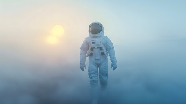 Un astronaute en combinaison spatiale marchant dans un environnement brumeux avec le soleil en arri&egrave;re-plan.