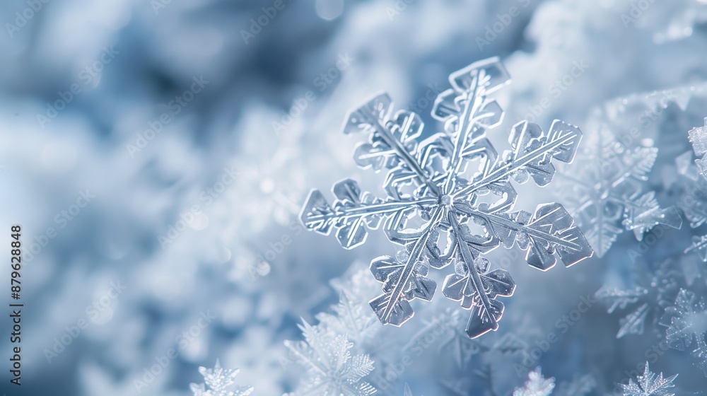 Poster a close-up of a snowflake reveals intricate patterns, showcasing unique geometric artistry and symme