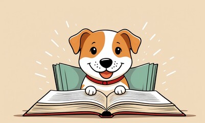 Illustration of cute smiling dog study with textbook on pastel beige background. Funny puppy reading an open book. Animal flat cartoon character. Back to school or uni concept. With copy space.