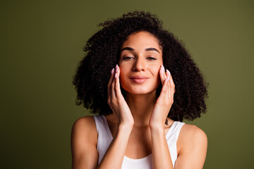 No retouch photo of lovely pretty woman wear stylish white lingerie apply facial product isolated...