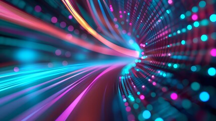 Obraz premium Abstract digital background with vibrant neon light trails and particles, illustrating technology and futuristic concepts.