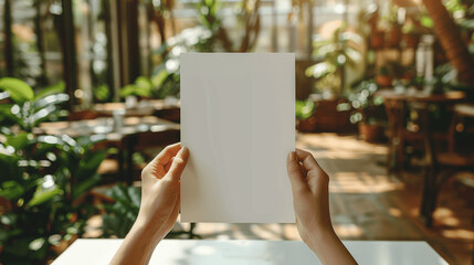 Woman Holding Blank A4 Paper Menu in Sunlit Restaurant Top View