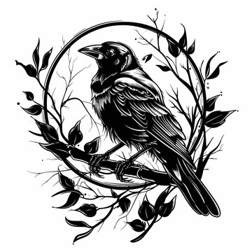 recommend clip art: A black bird is perched on a branch in a leafy tree. The bird is looking to the left