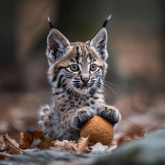 Obraz premium Baby bobcat with a tiny ball ,isolate ,minimal, simple background