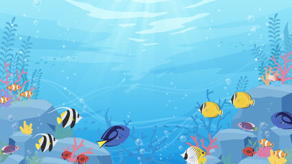 岩と珊瑚がある海中を熱帯魚が泳ぐ背景イラスト_16:9