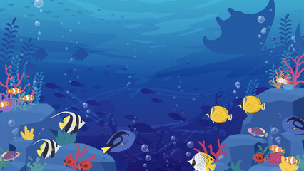 岩と珊瑚がある海底を熱帯魚が泳ぐ背景イラスト_16:9