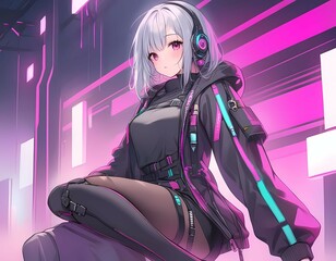 Futuristic anime girl with headphones in neon environment