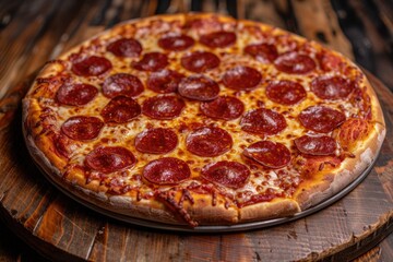 Delicious Pepperoni Pizza on Rustic Wooden Table Freshly Baked Italian Cuisine
