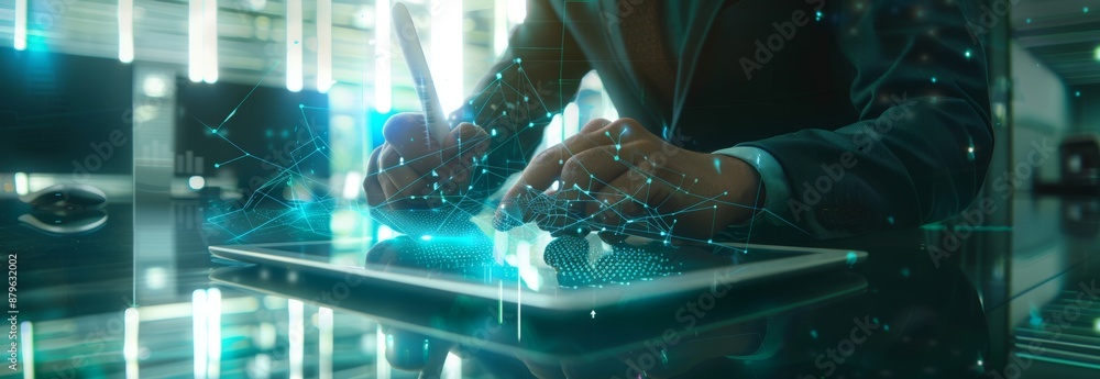 Poster (ai), machine learning, data mining, digital technology concept. businessman using digital tablet wi