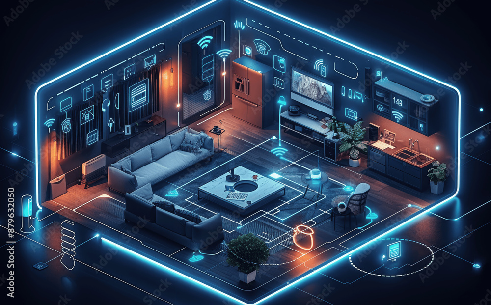 Poster futuristic smart home control system with isometric augmented reality iot design