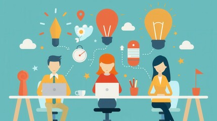 Obraz premium Startup team brainstorming, creative workspace environment, flat design illustration