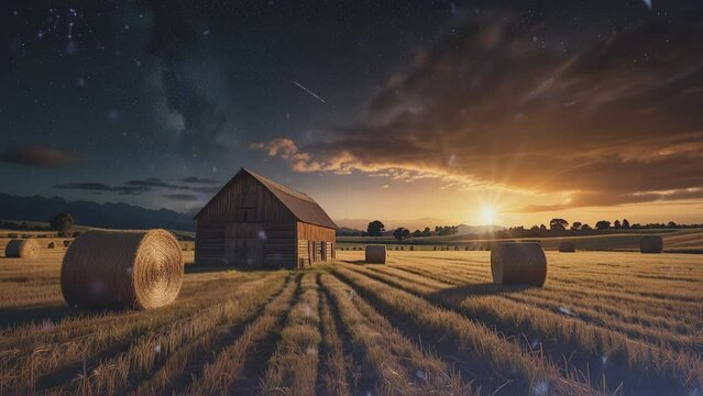This is an video of a barn in a field of hay bales at sunset. The sky is dark with a few stars.