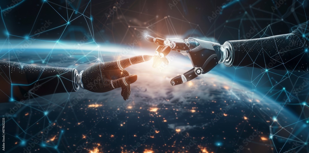Poster robots and humans touching big data of global network connection, internet and digital technology, s